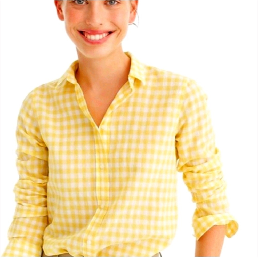 J. Crew Yellow Crinkle Gingham Classic Fit Button Down